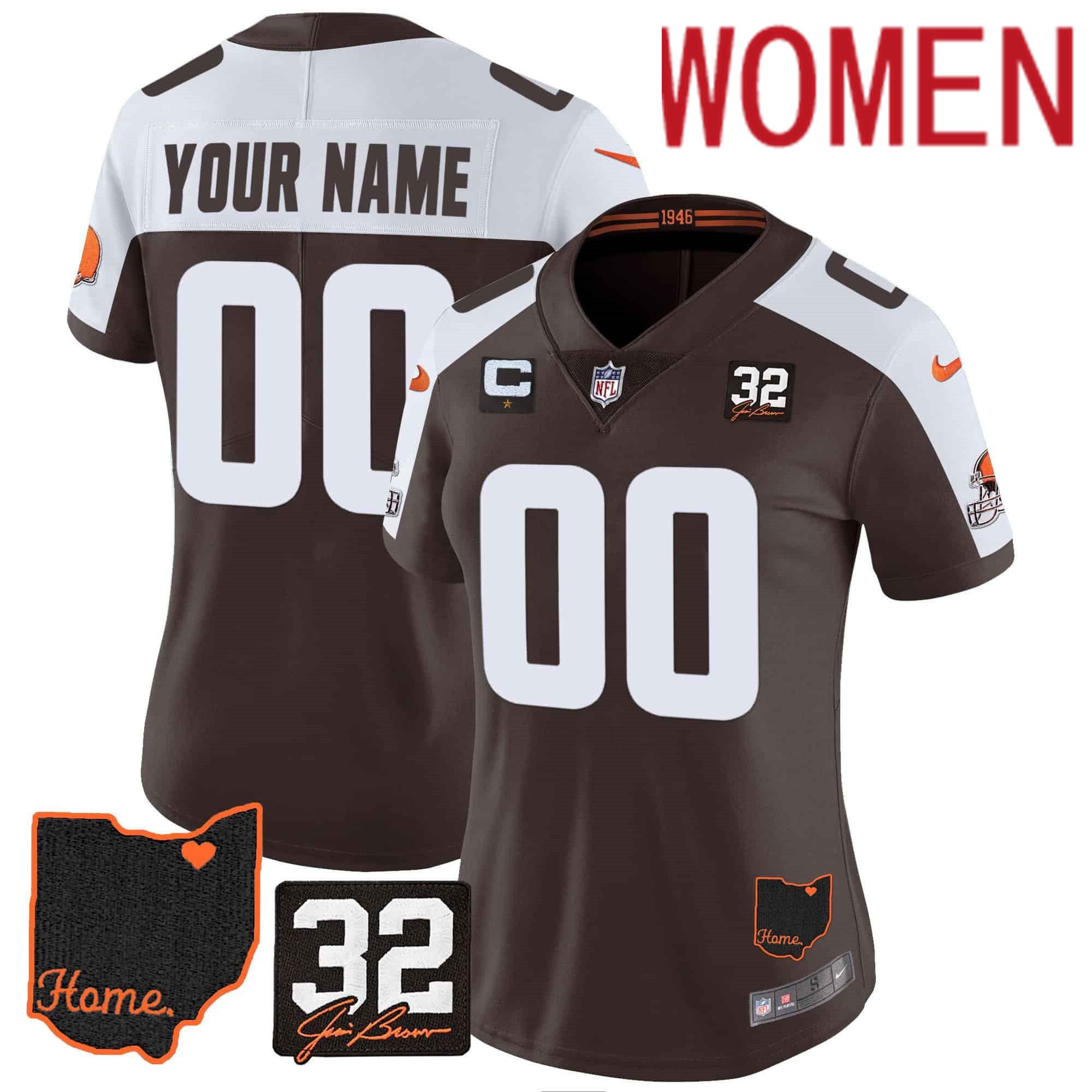 Women Cleveland Browns Brown #32 Jim Brown Memorial Home Patch Custom 2024 Nike NFL Jersey